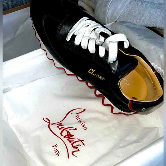 Loubishark Donna Flat Christian Louboutins black and red with white laces